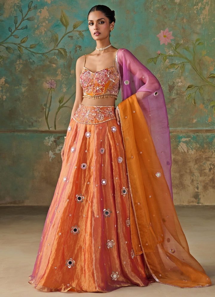 Orange And Purple Silk Tissue Lehenga Set