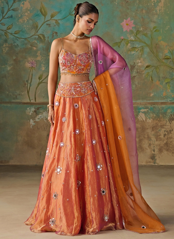Orange And Purple Silk Tissue Lehenga Set