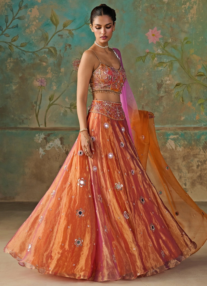 Orange And Purple Silk Tissue Lehenga Set
