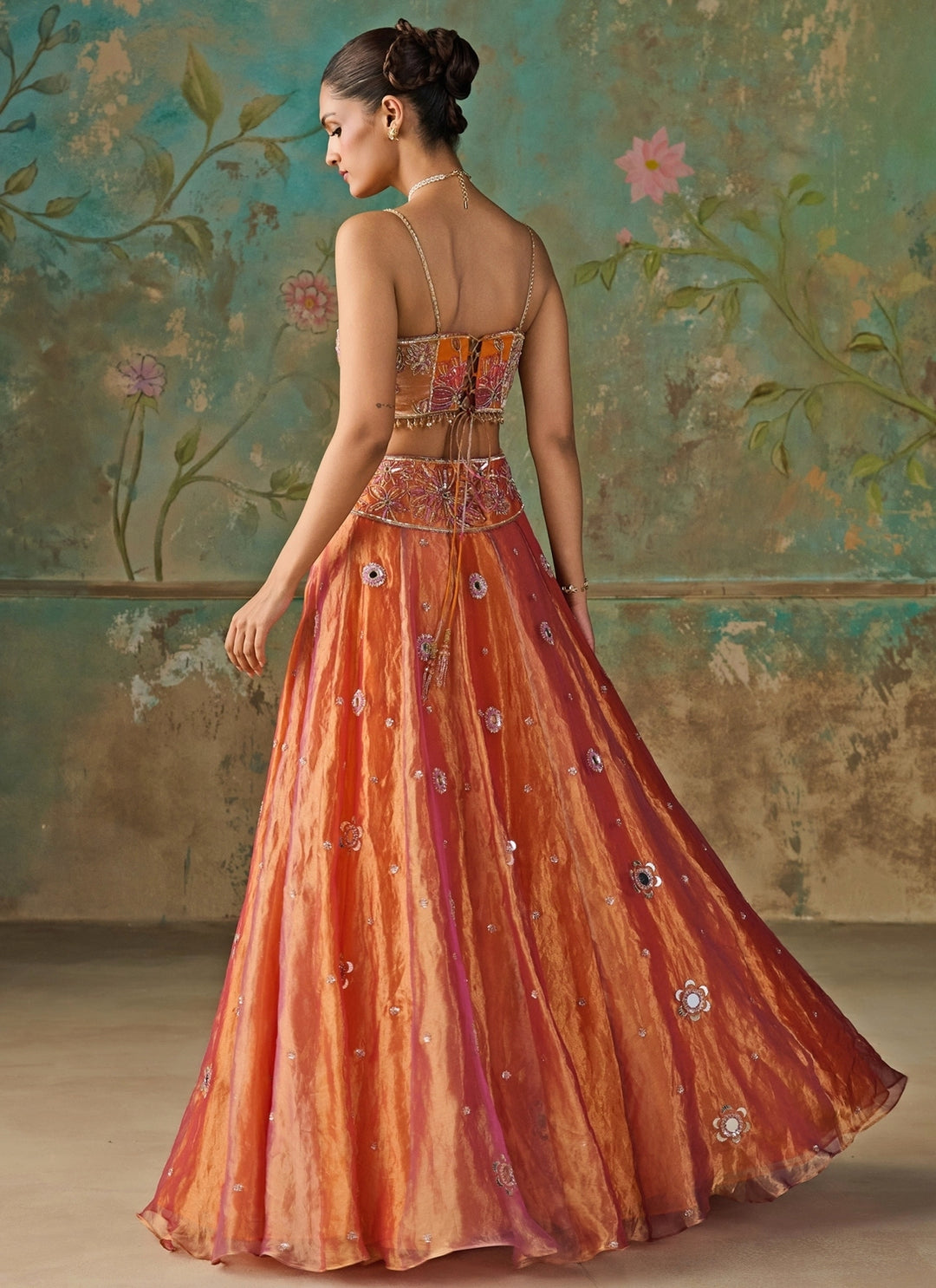 Orange And Purple Silk Tissue Lehenga Set