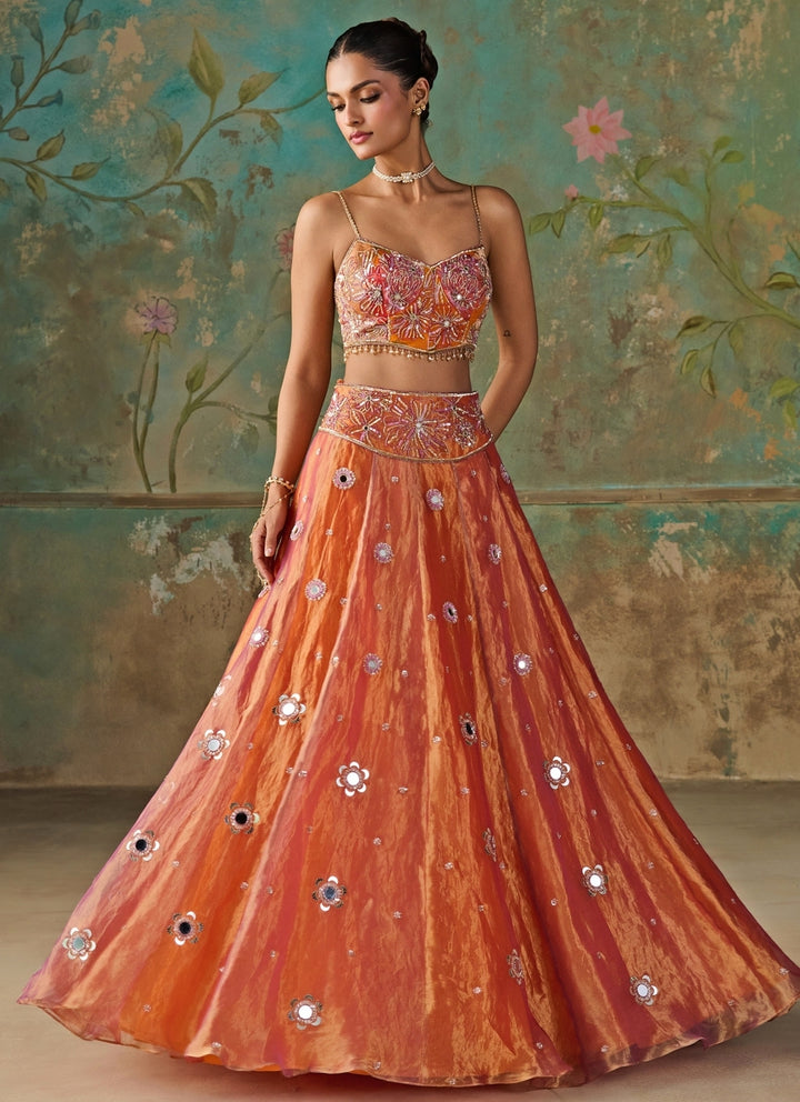 Orange And Purple Silk Tissue Lehenga Set