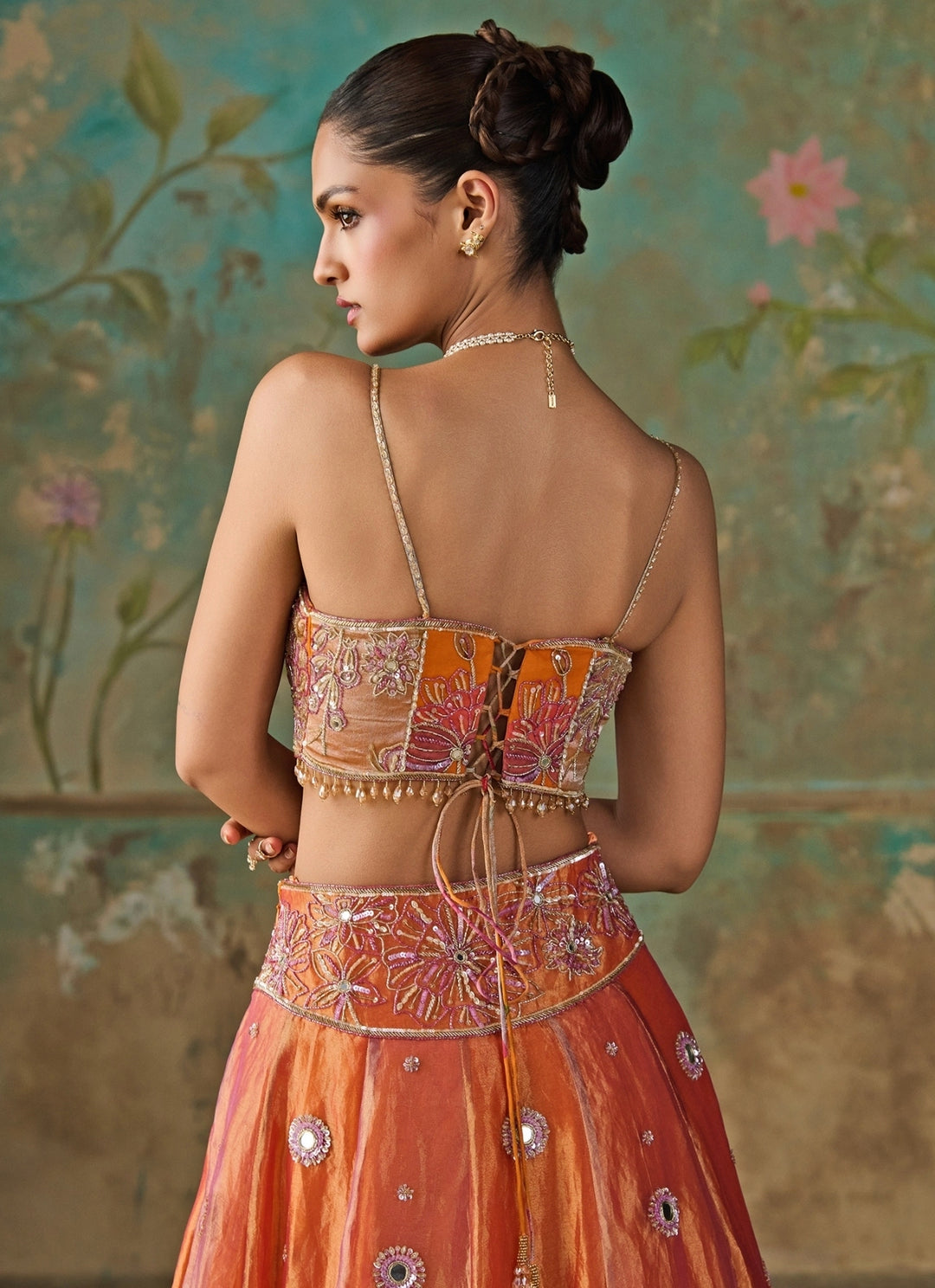 Orange And Purple Silk Tissue Lehenga Set