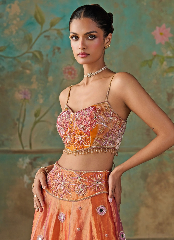 Orange And Purple Silk Tissue Lehenga Set