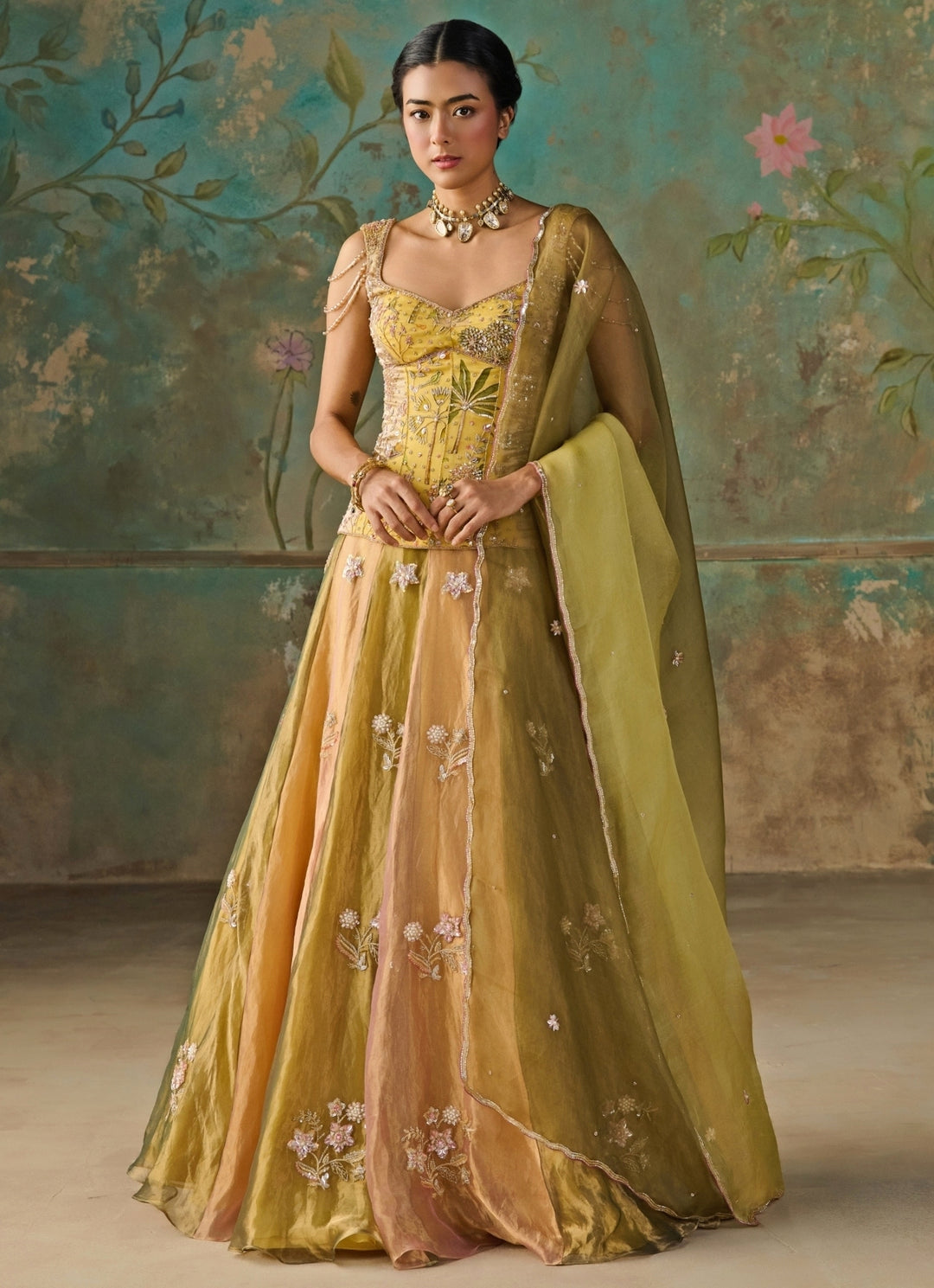 Green And Gold Silk Tissue Corset Lehenga Set