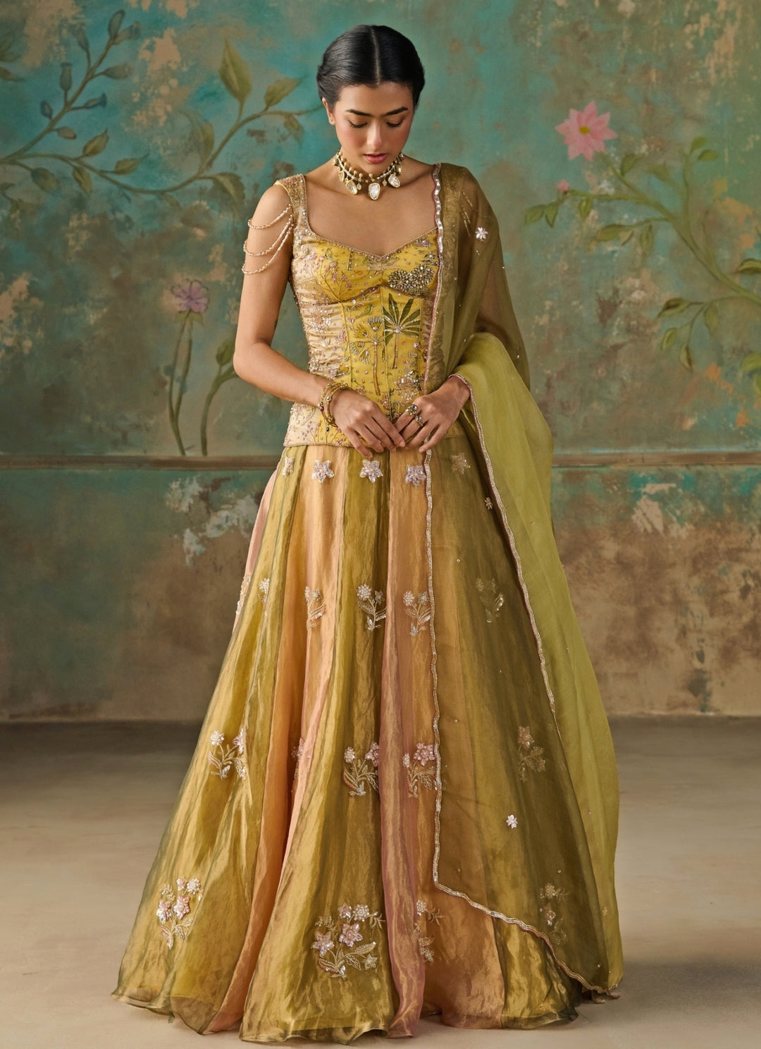 Green And Gold Silk Tissue Corset Lehenga Set