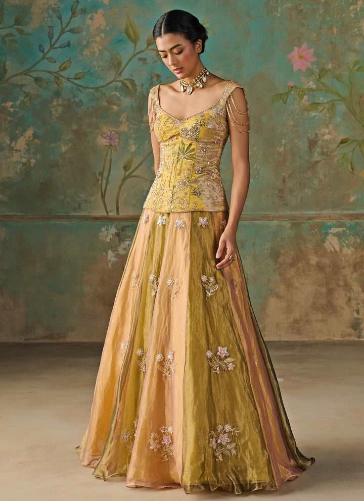 Green And Gold Silk Tissue Corset Lehenga Set