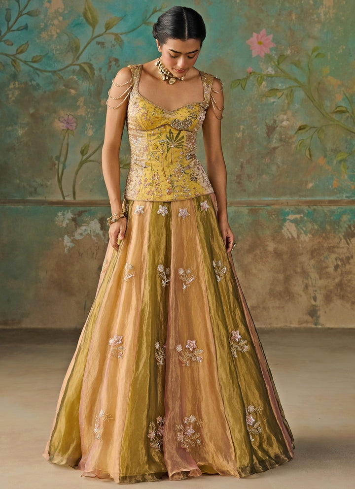 Green And Gold Silk Tissue Corset Lehenga Set