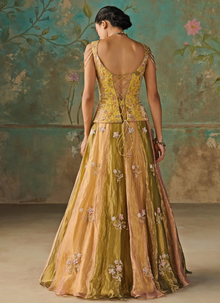 Green And Gold Silk Tissue Corset Lehenga Set