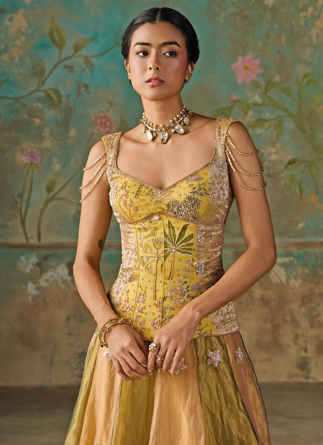 Green And Gold Silk Tissue Corset Lehenga Set