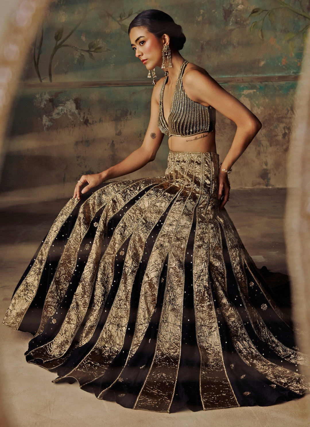 Black And Copper Crepe Lehenga Set
