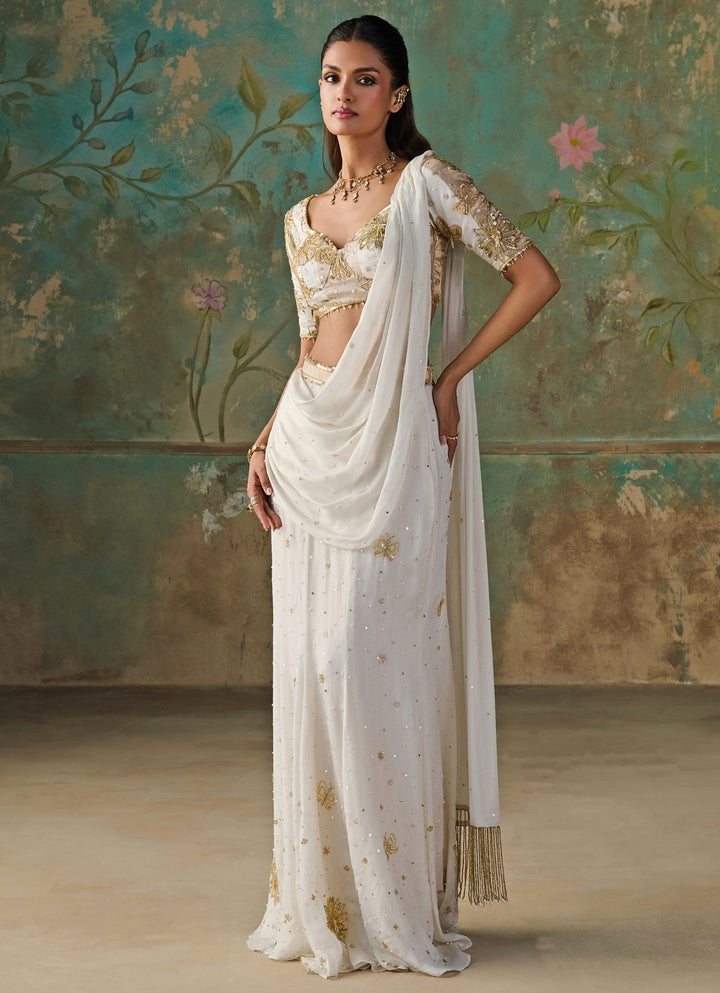 Ivory Foil Chinon Mermaid Pre-Draped Saree