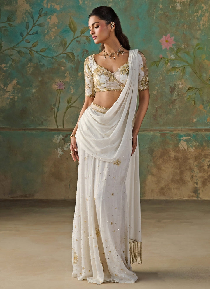 Ivory Foil Chinon Mermaid Pre-Draped Saree