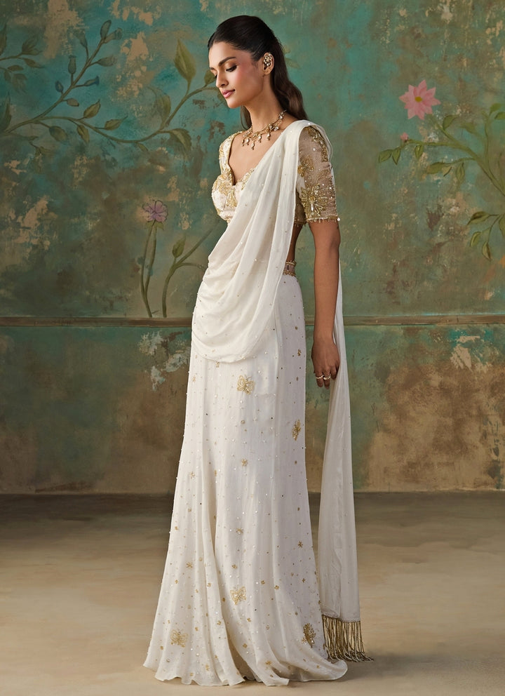 Ivory Foil Chinon Mermaid Pre-Draped Saree