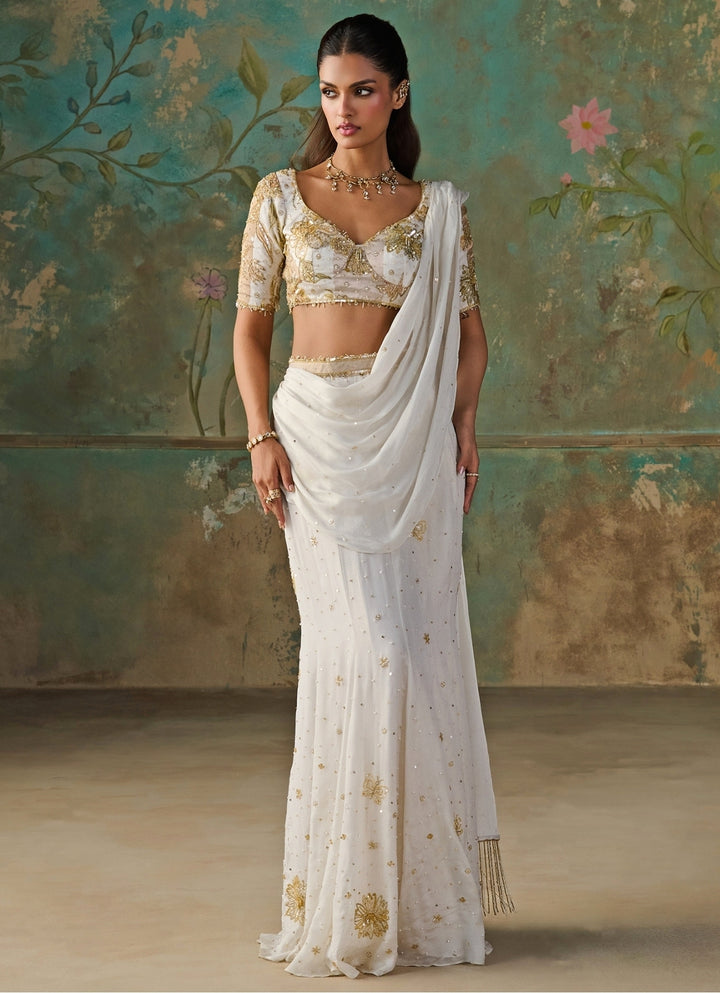 Ivory Foil Chinon Mermaid Pre-Draped Saree