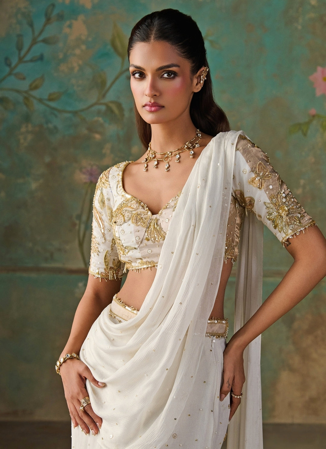Ivory Foil Chinon Mermaid Pre-Draped Saree