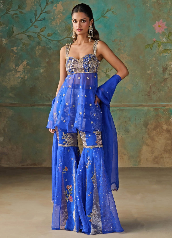 Blue Silk Chanderi Tissue Peplum Kurta Sharara Set