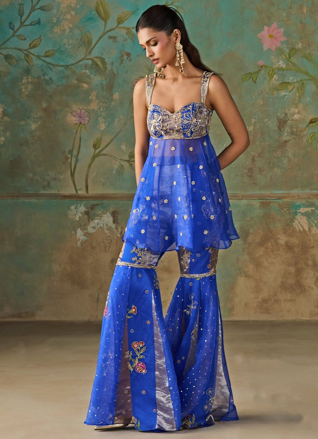 Blue Silk Chanderi Tissue Peplum Kurta Sharara Set