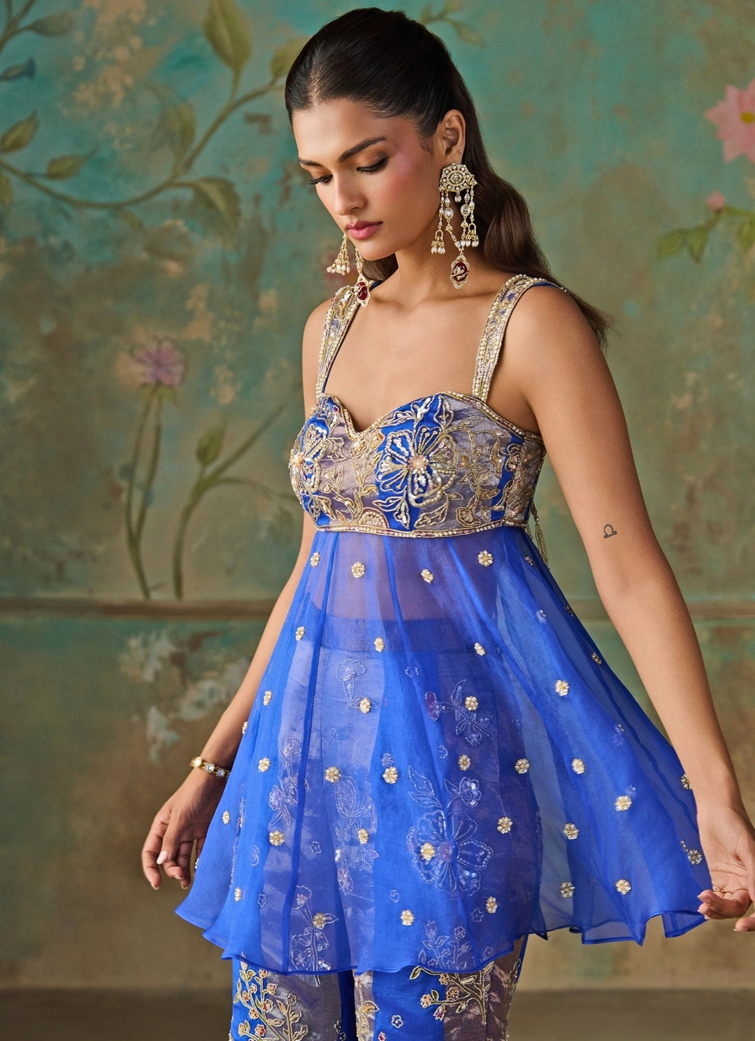 Blue Silk Chanderi Tissue Peplum Kurta Sharara Set