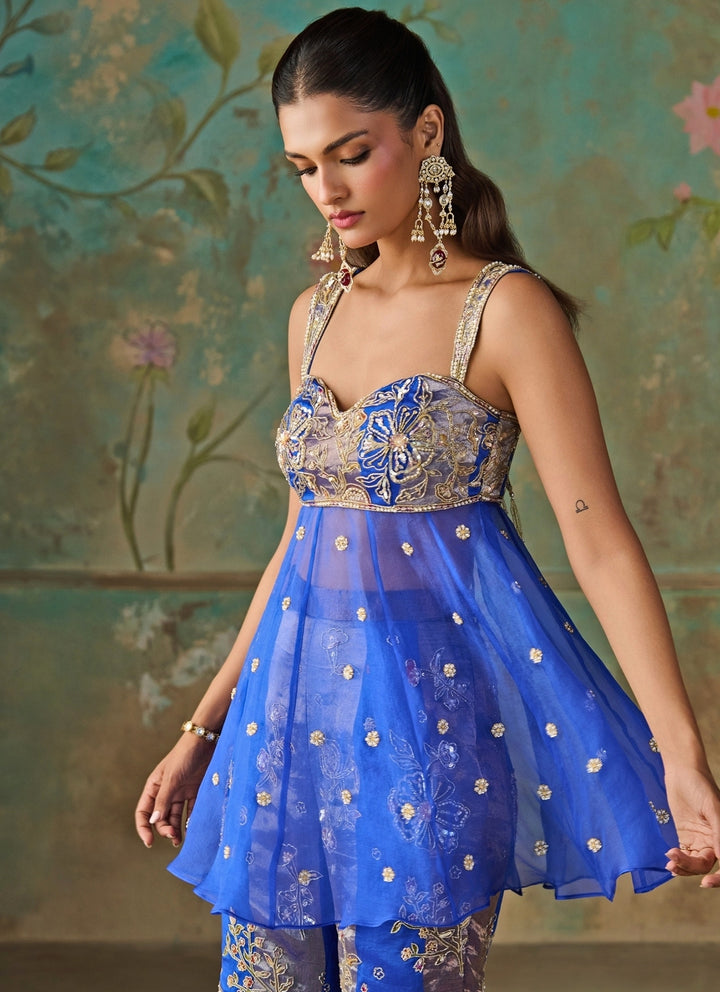 Blue Silk Chanderi Tissue Peplum Kurta Sharara Set