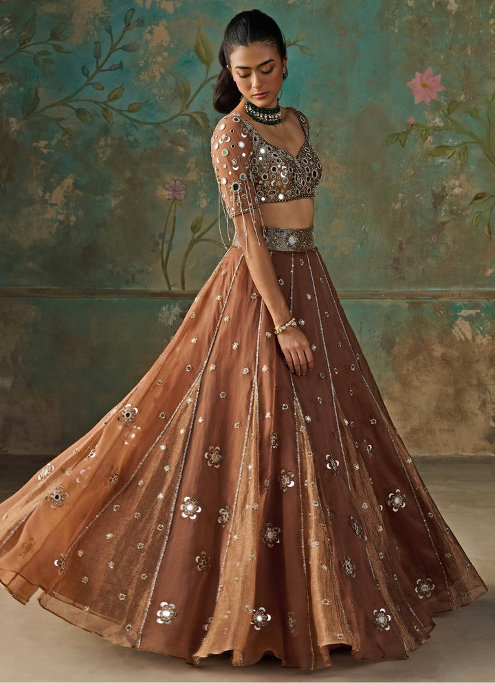 Mocha Brown Silk Organza Lehenga Set