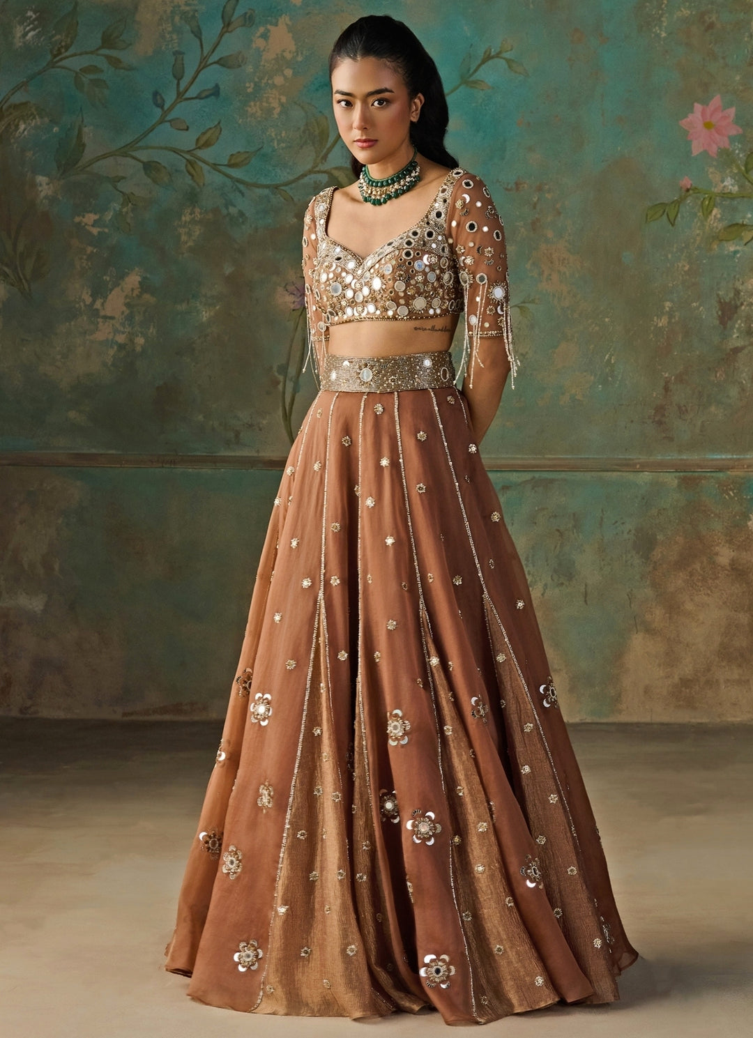 Mocha Brown Silk Organza Lehenga Set