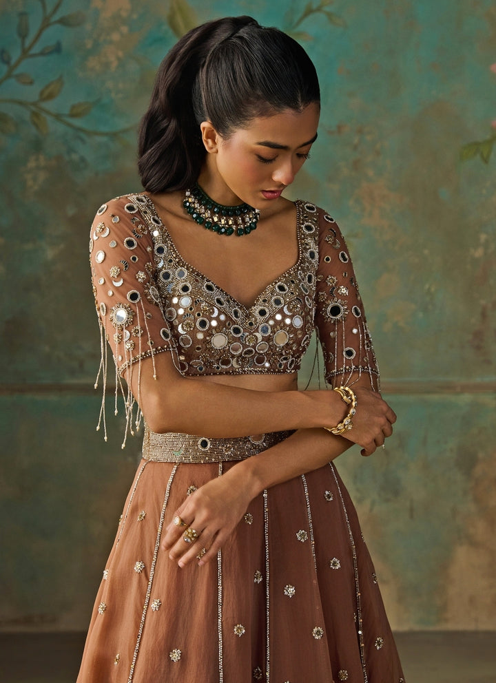 Mocha Brown Silk Organza Lehenga Set