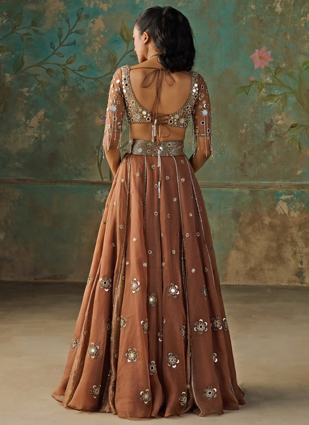 Mocha Brown Silk Organza Lehenga Set