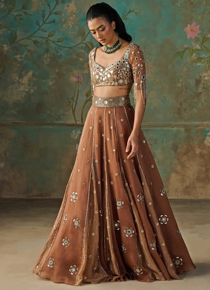 Mocha Brown Silk Organza Lehenga Set