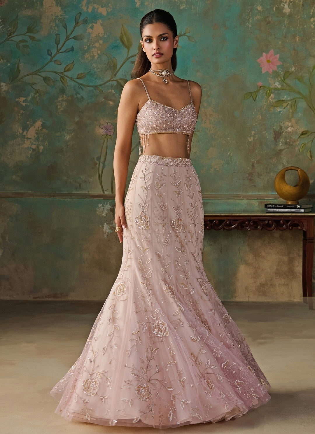 Blush Pink Soft Net Mermaid Lehenga Set