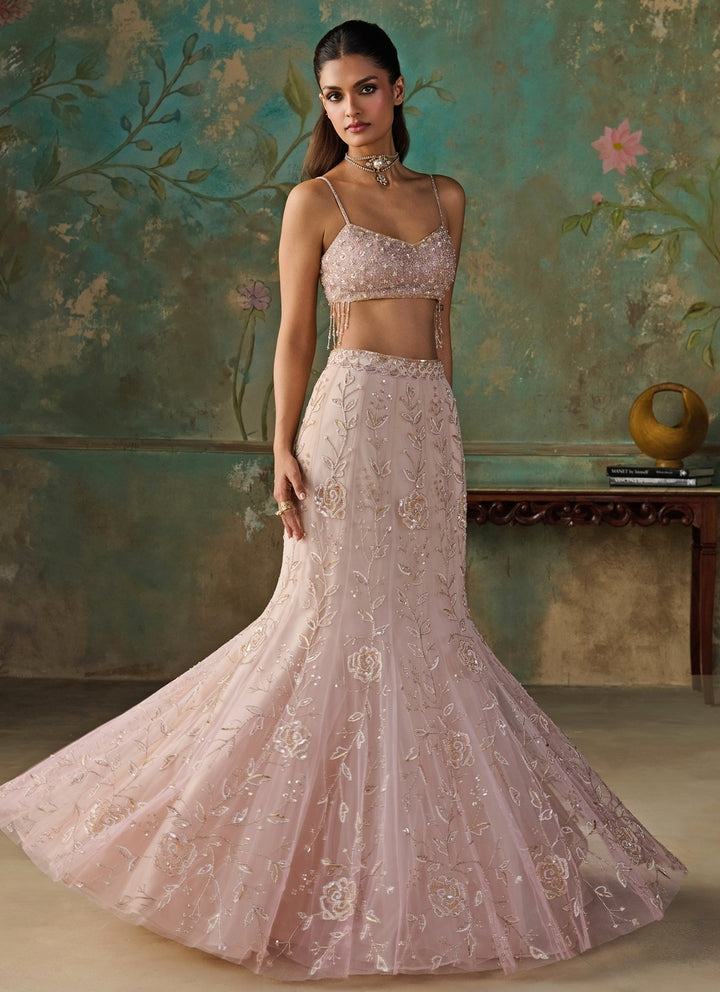 Blush Pink Soft Net Mermaid Lehenga Set