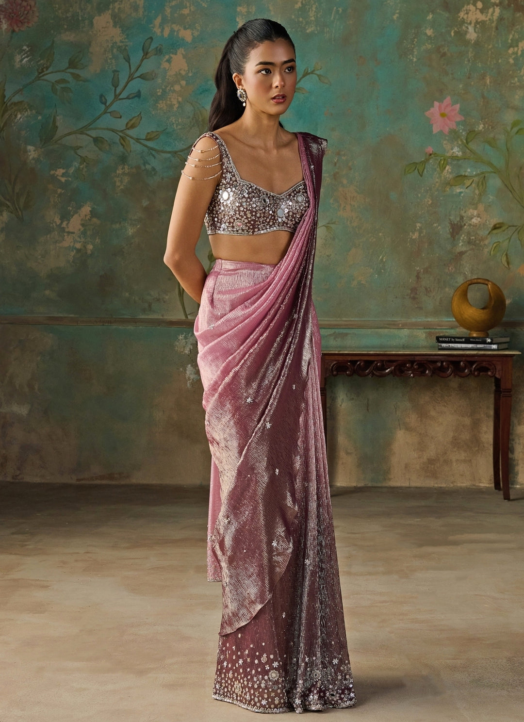 Onion Pink Foil Georgette Pre-Draped Saree
