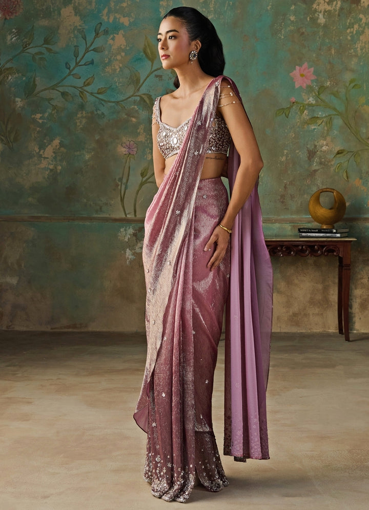 Onion Pink Foil Georgette Pre-Draped Saree