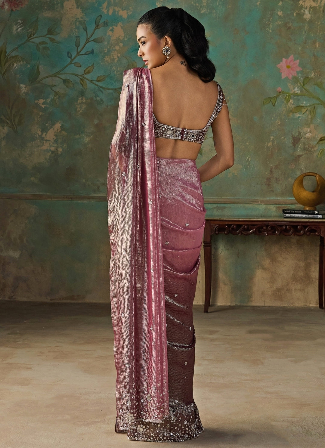 Onion Pink Foil Georgette Pre-Draped Saree