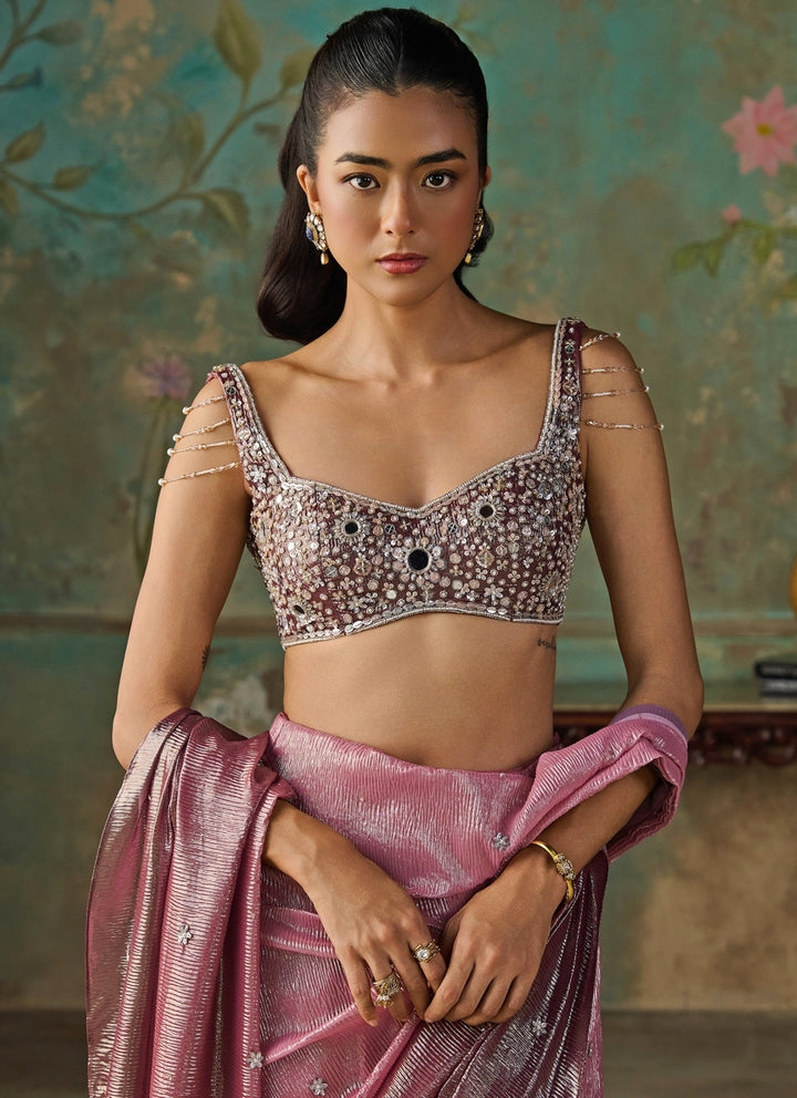 Onion Pink Foil Georgette Pre-Draped Saree