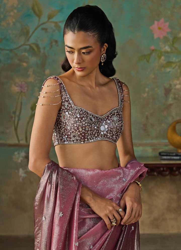 Onion Pink Foil Georgette Pre-Draped Saree