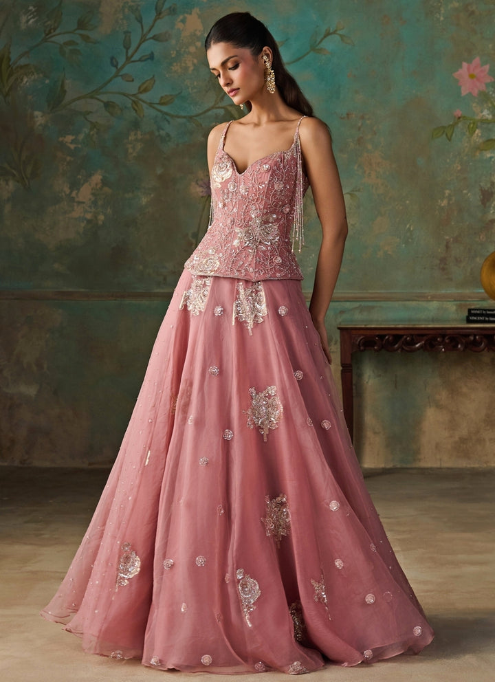 Pink Silk Organza Corset Lehenga Set