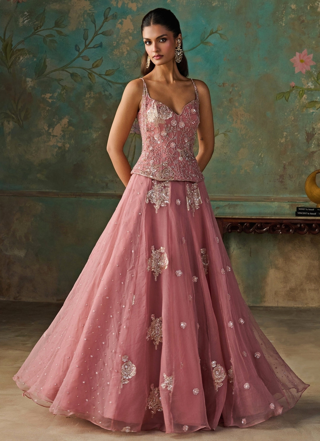 Pink Silk Organza Corset Lehenga Set