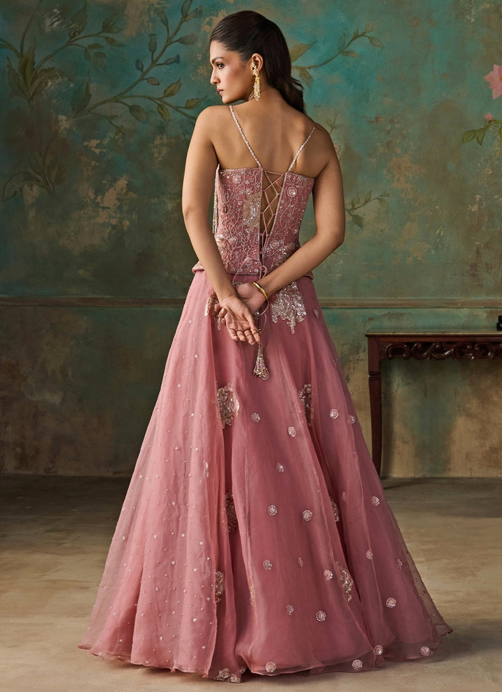 Pink Silk Organza Corset Lehenga Set