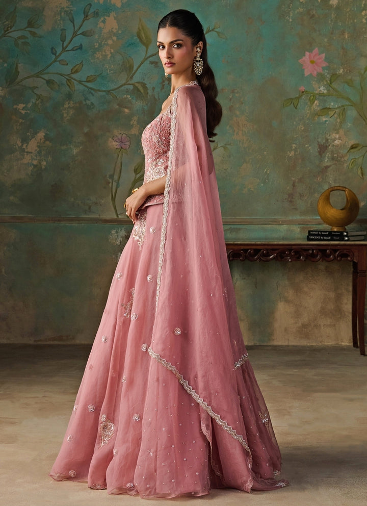 Pink Silk Organza Corset Lehenga Set