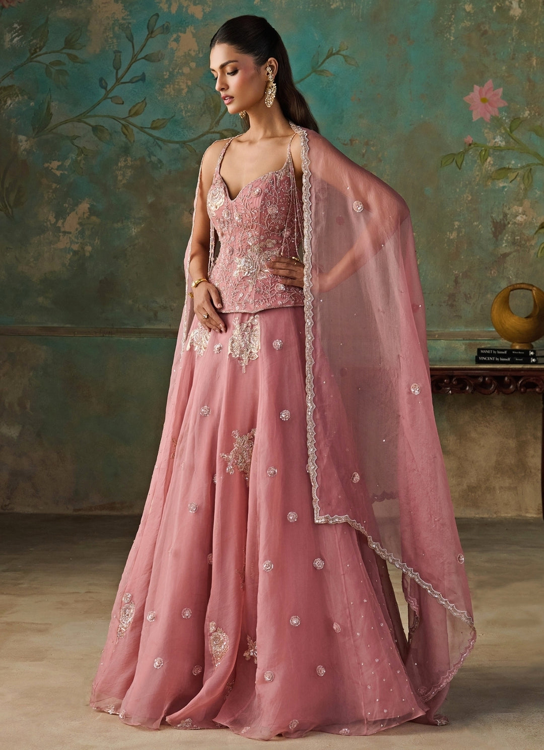 Pink Silk Organza Corset Lehenga Set
