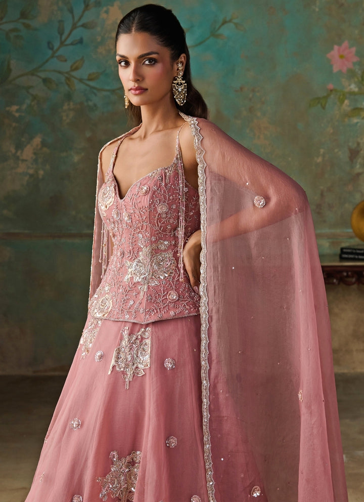 Pink Silk Organza Corset Lehenga Set