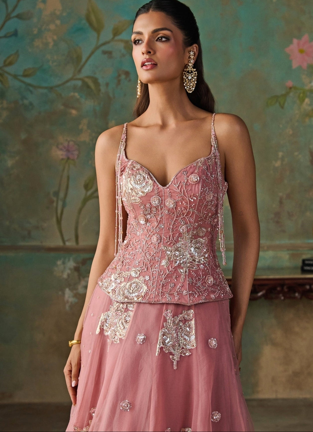 Pink Silk Organza Corset Lehenga Set