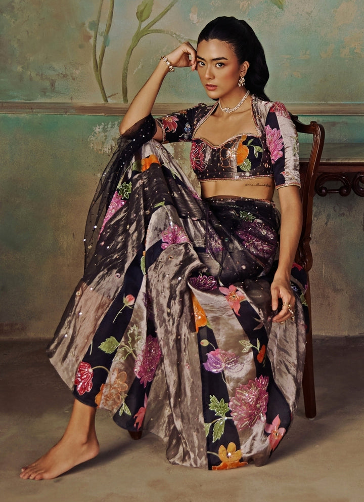 Black Floral Printed Chanderi Tissue Pre-Draped Saree