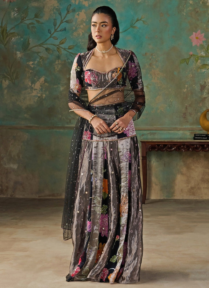 Black Floral Printed Chanderi Tissue Pre-Draped Saree