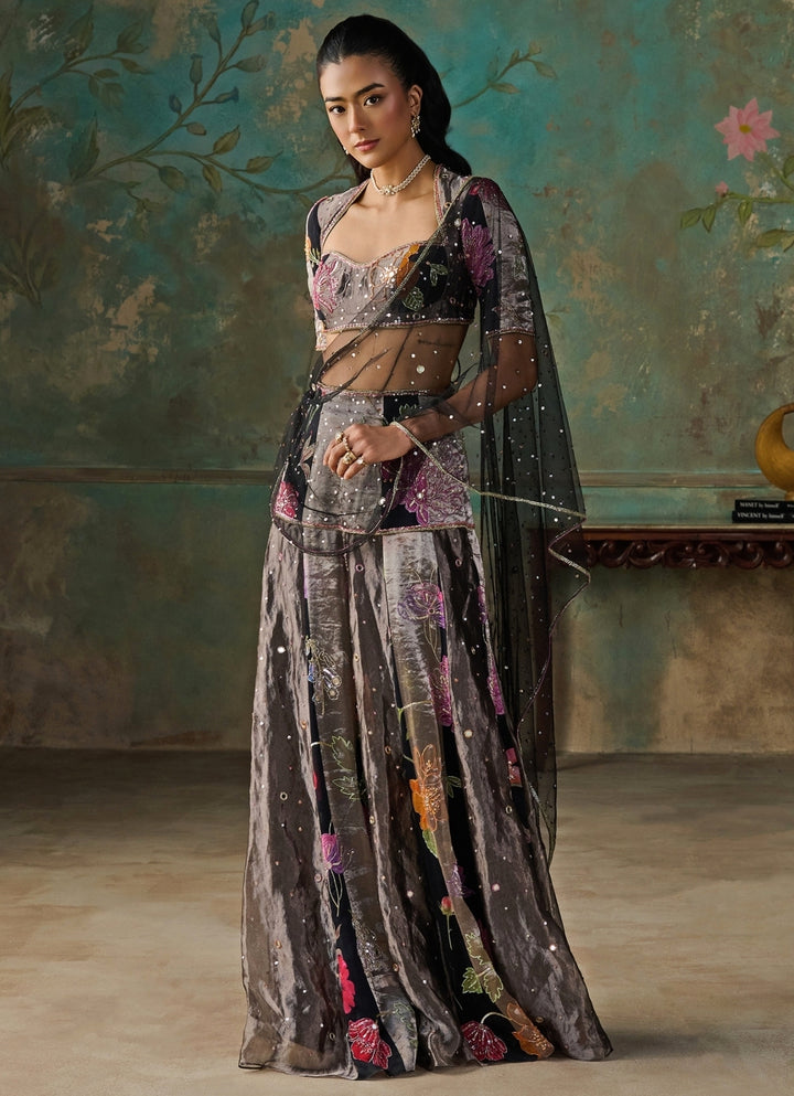 Black Floral Printed Chanderi Tissue Pre-Draped Saree