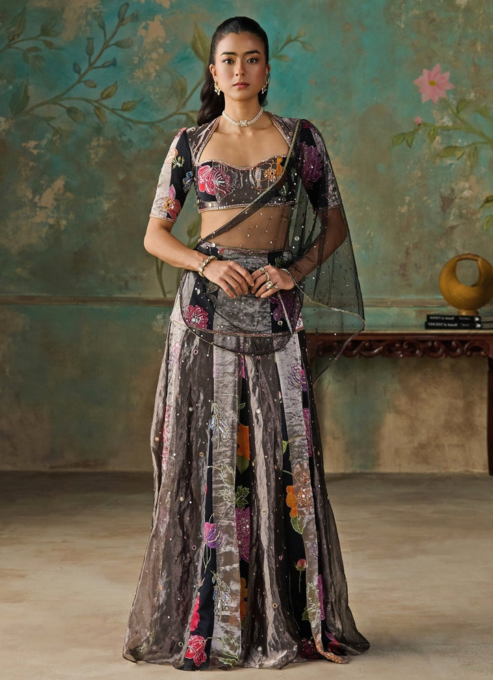 Black Floral Printed Chanderi Tissue Pre-Draped Saree