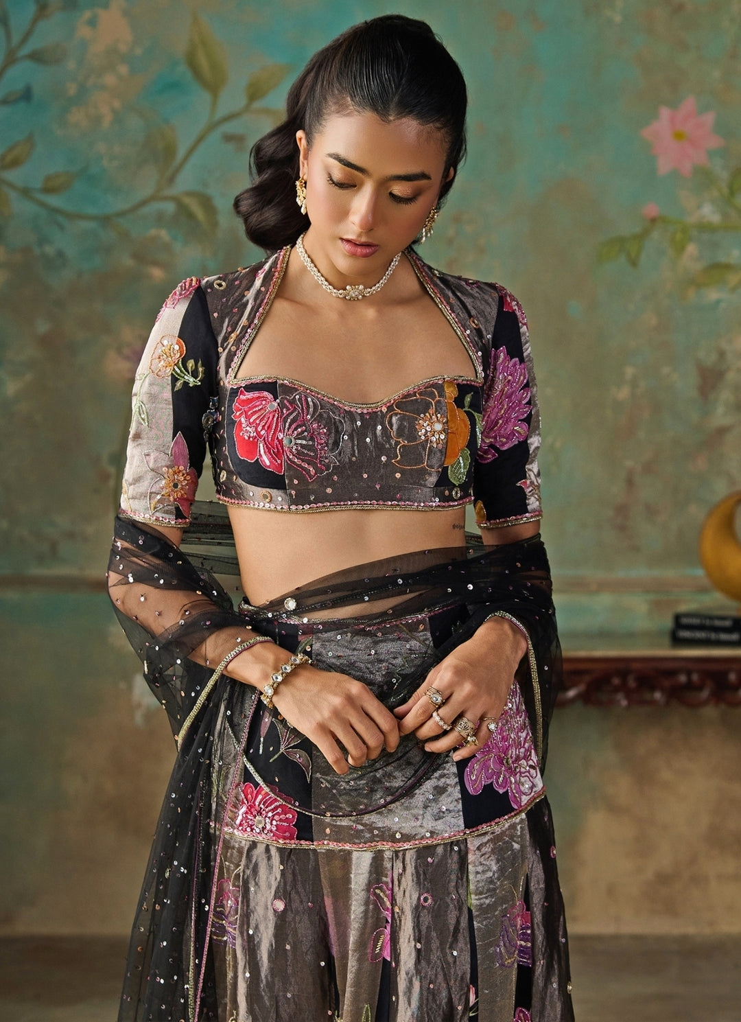 Black Floral Printed Chanderi Tissue Pre-Draped Saree