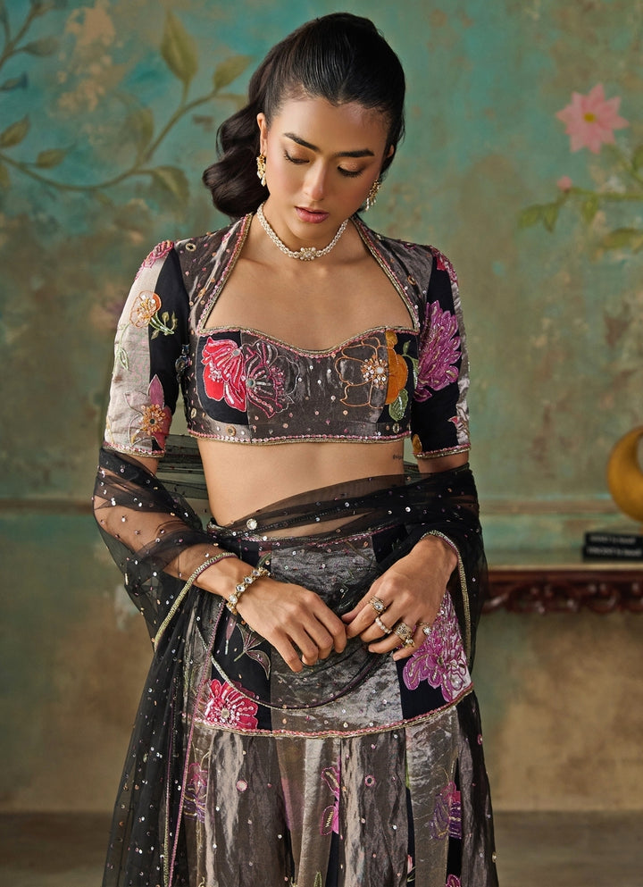Black Floral Printed Chanderi Tissue Pre-Draped Saree