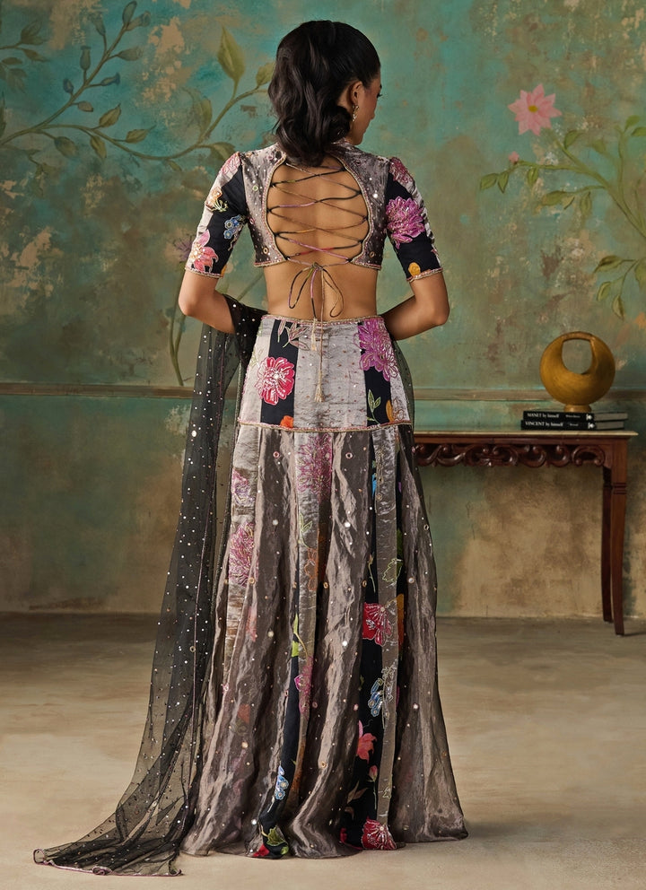 Black Floral Printed Chanderi Tissue Pre-Draped Saree