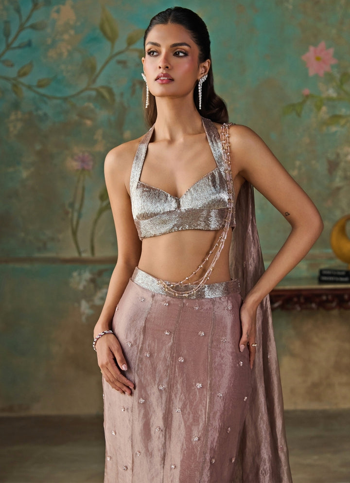Dusty Lavender Silk Tissue Pre-Draped Saree